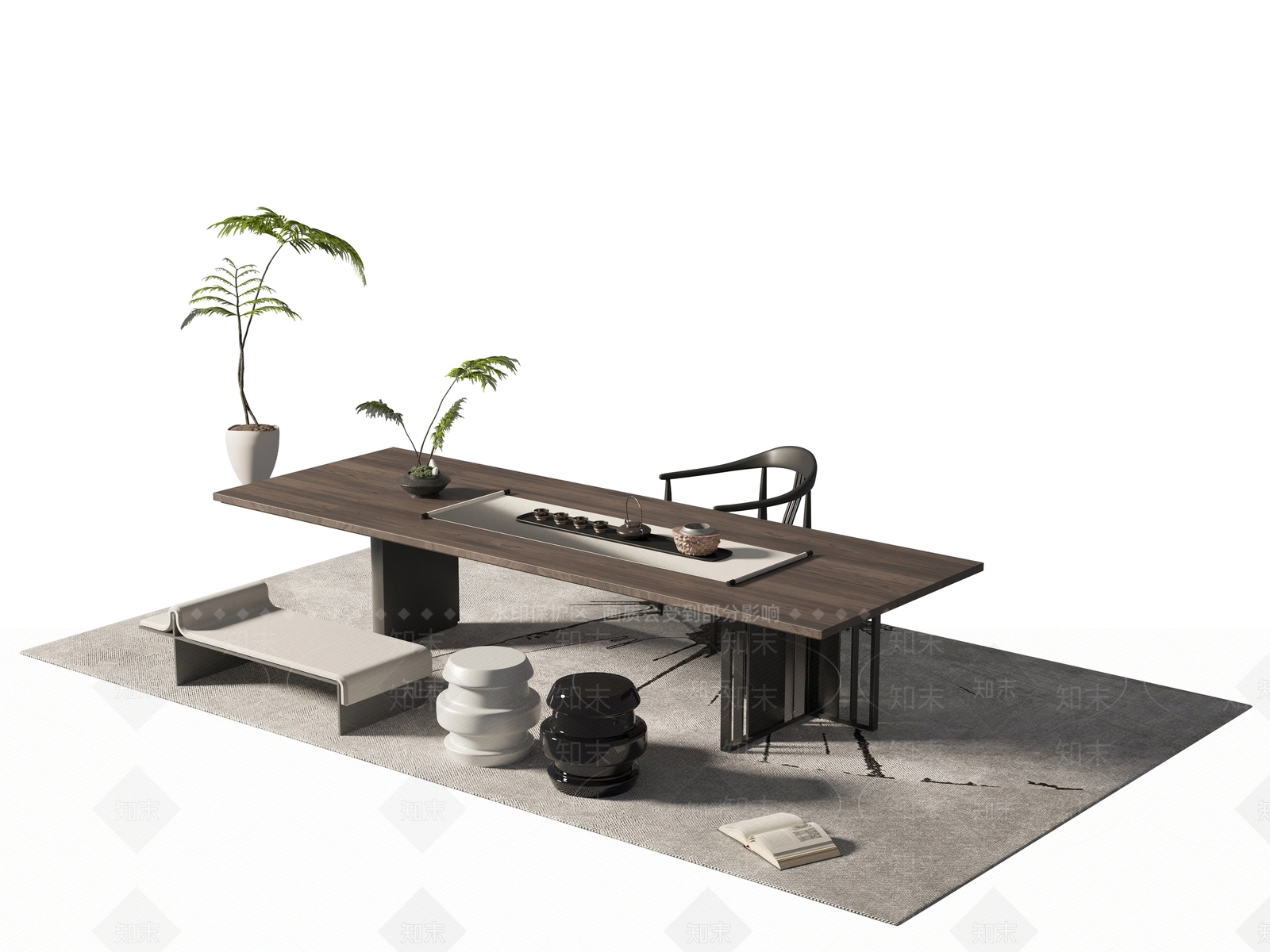 新中式茶桌椅组合3D模型下载【ID:1139956463】