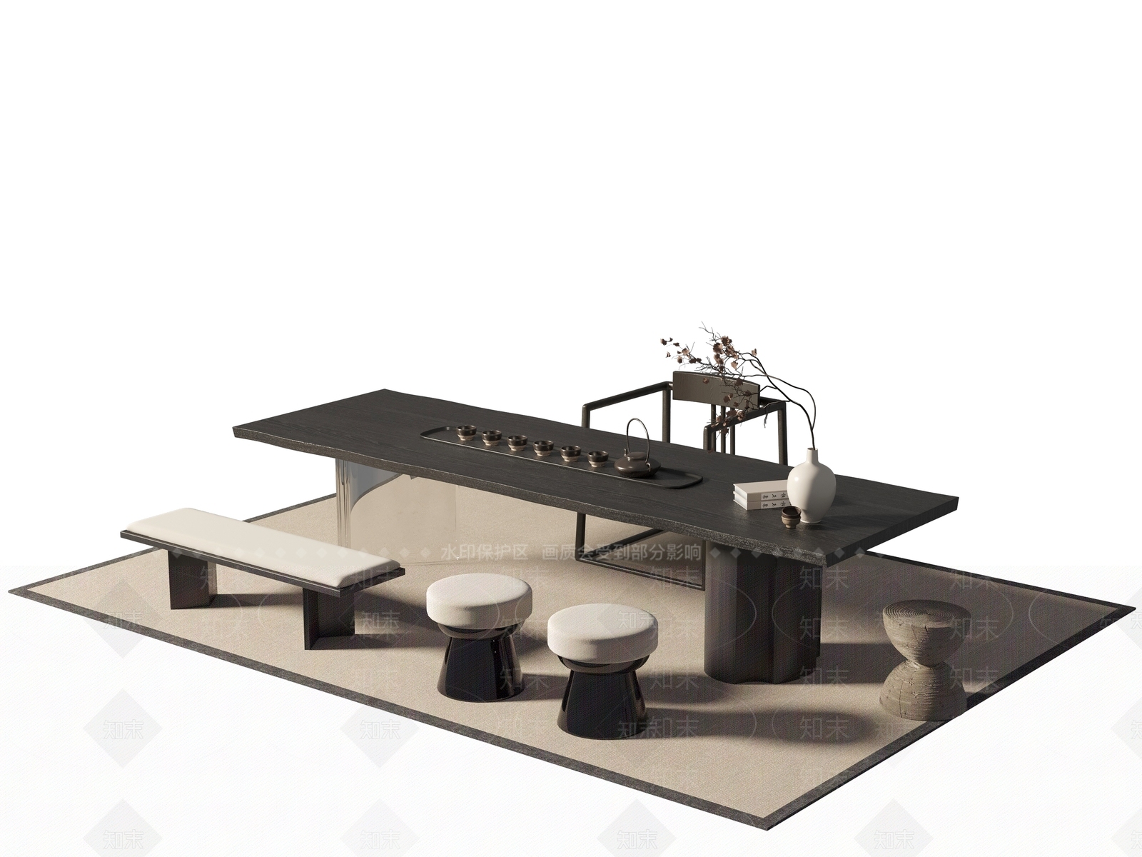 新中式茶桌椅组合3D模型下载【ID:1139956377】