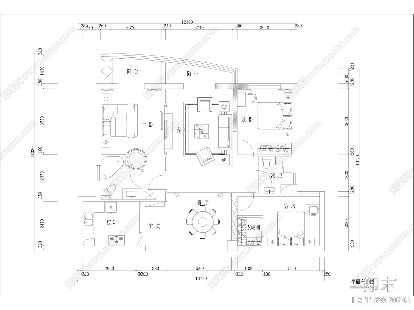 平层家装全套cad施工图下载【ID:1139920793】