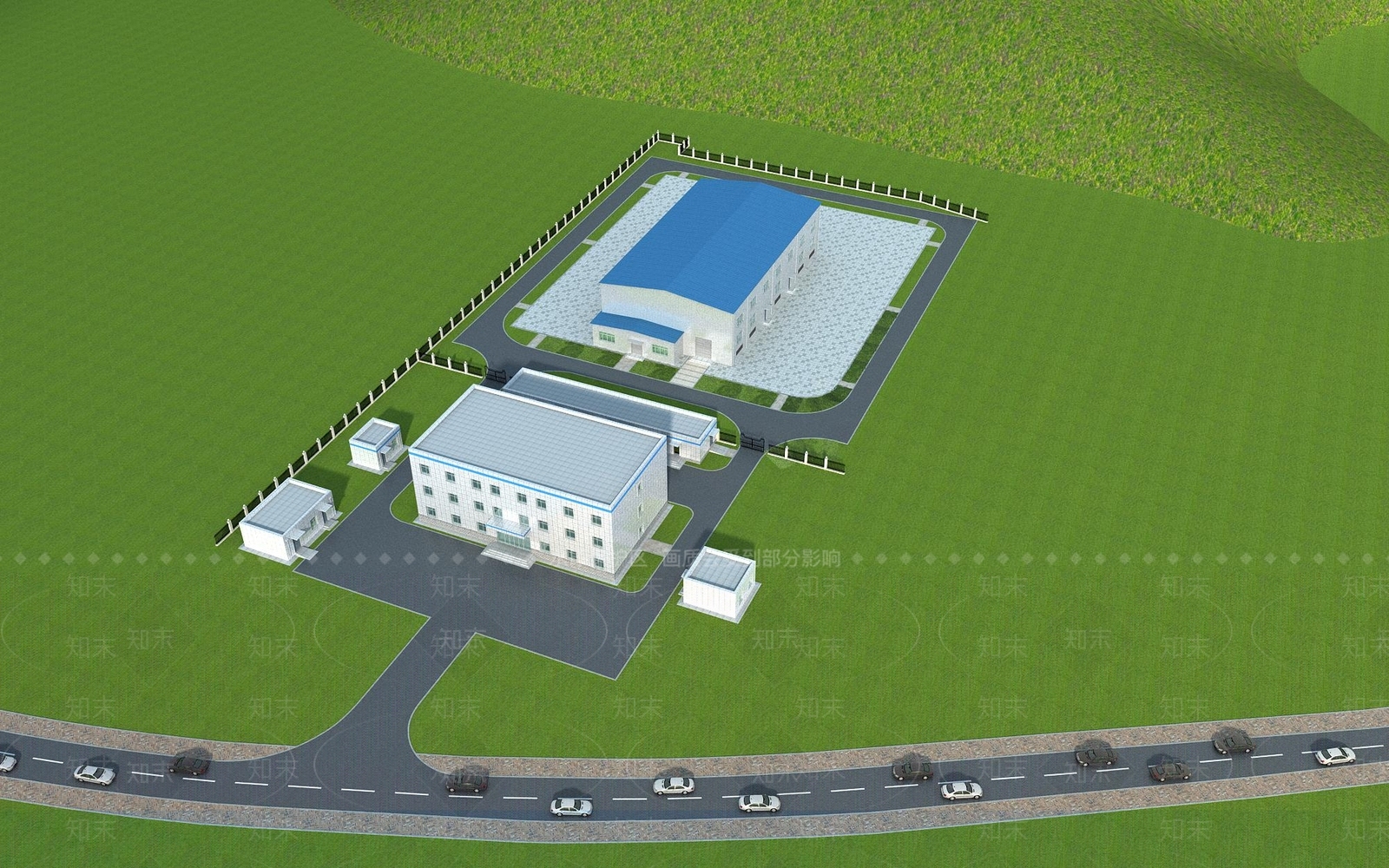 现代小厂房办公鸟瞰3D模型下载【ID:1139933980】