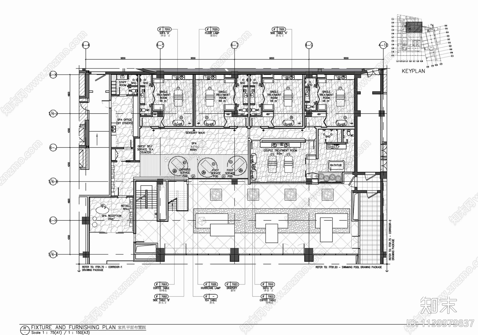 800㎡美容SPA水疗养生会所cad施工图下载【ID:1139979837】