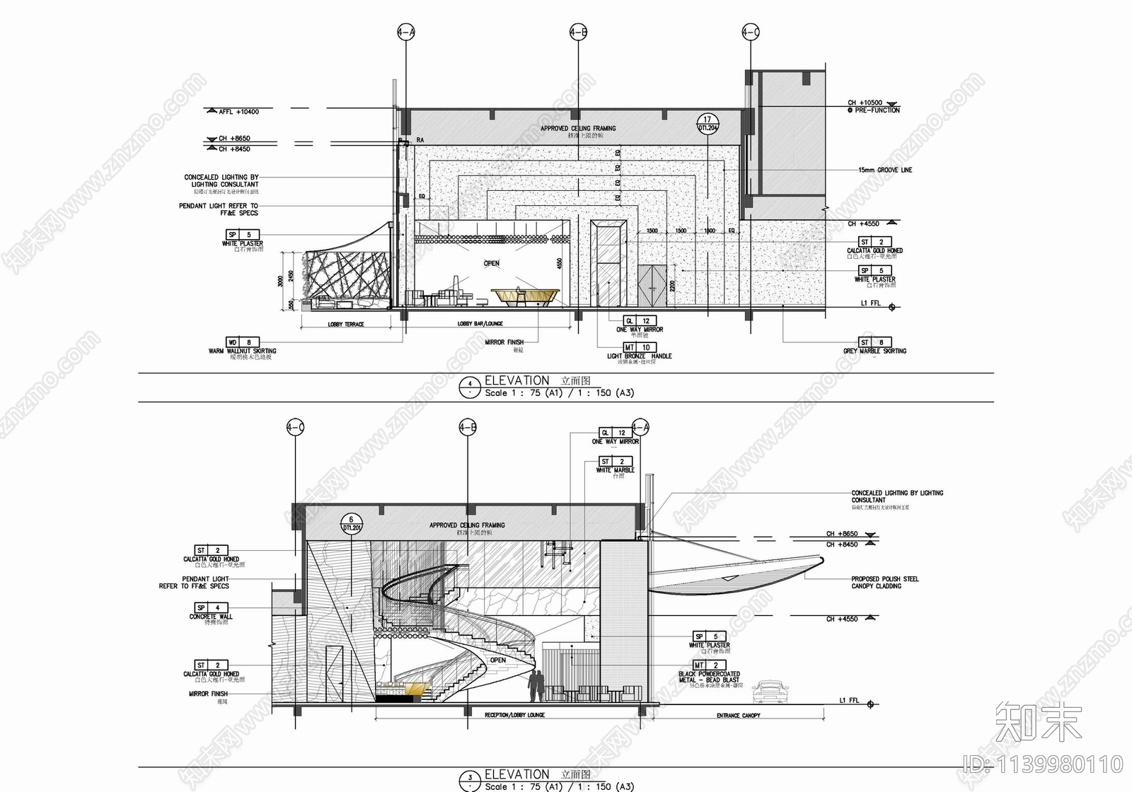 HBA酒店大堂吧室内cad施工图下载【ID:1139980110】