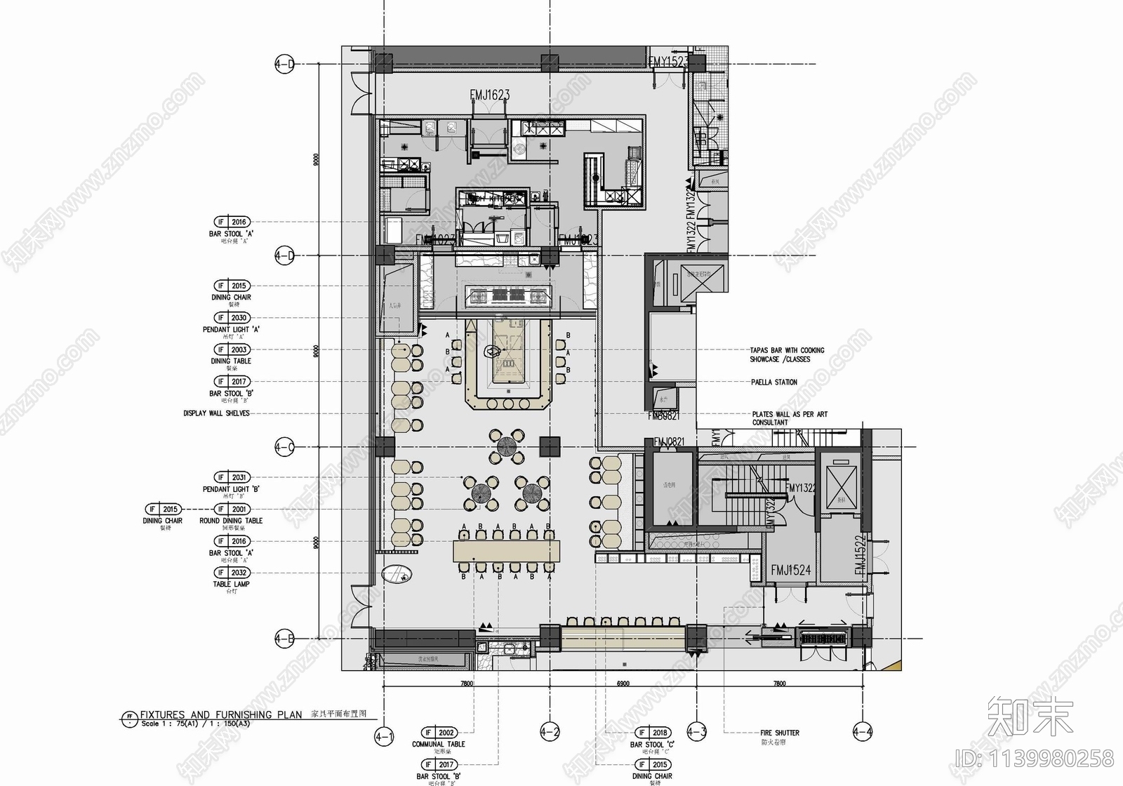 500㎡西餐厅室内cad施工图下载【ID:1139980258】