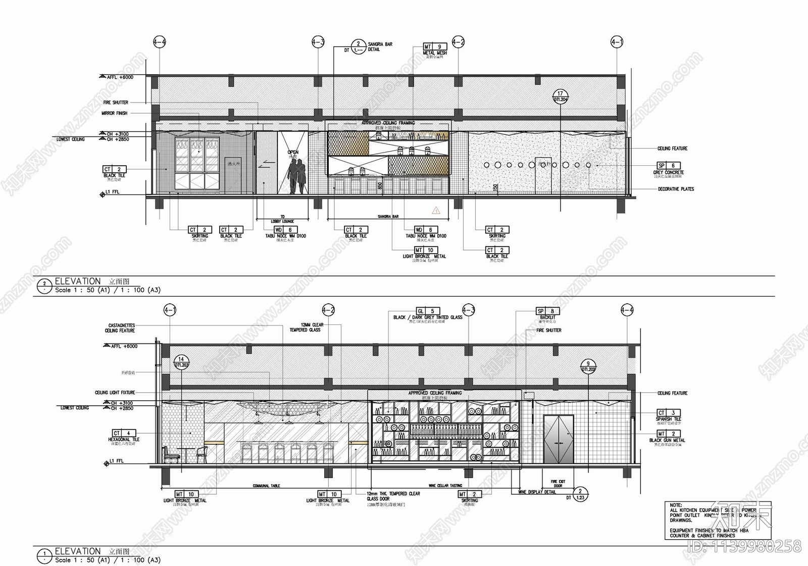 500㎡西餐厅室内cad施工图下载【ID:1139980258】