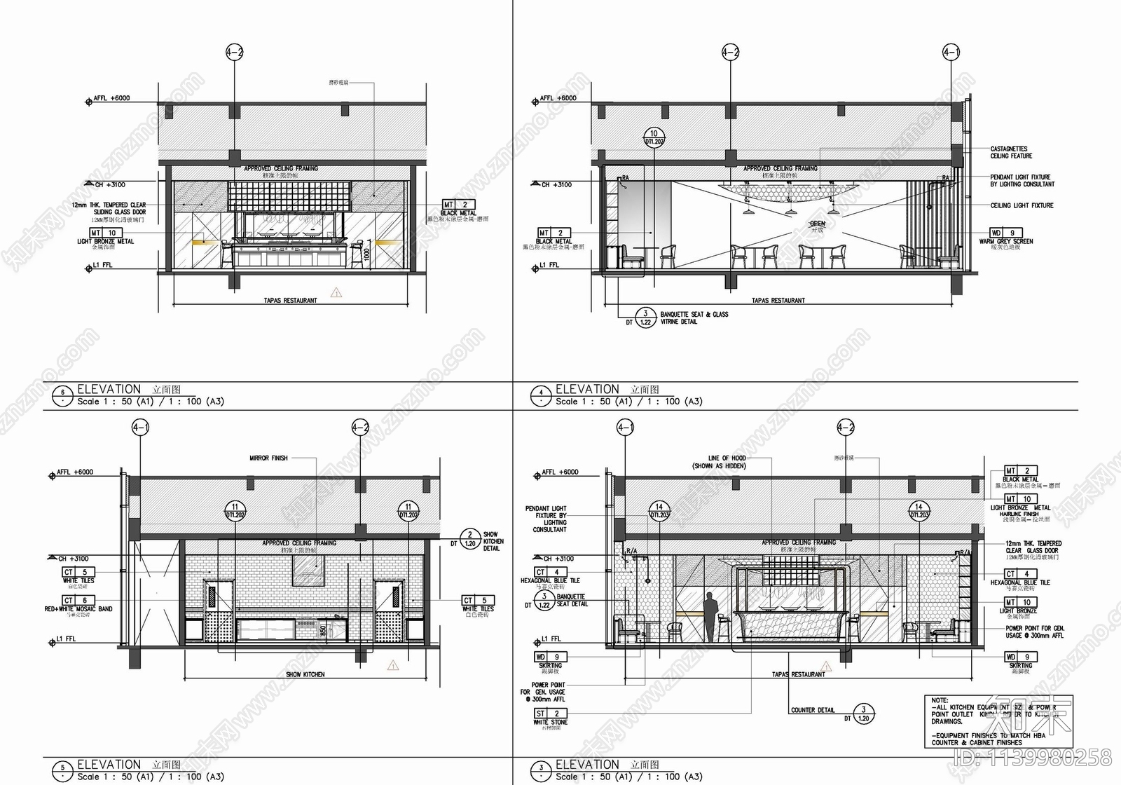 500㎡西餐厅室内cad施工图下载【ID:1139980258】