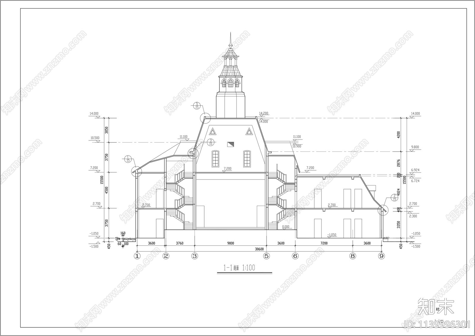 欧式教堂建筑cad施工图下载【ID:1139996301】