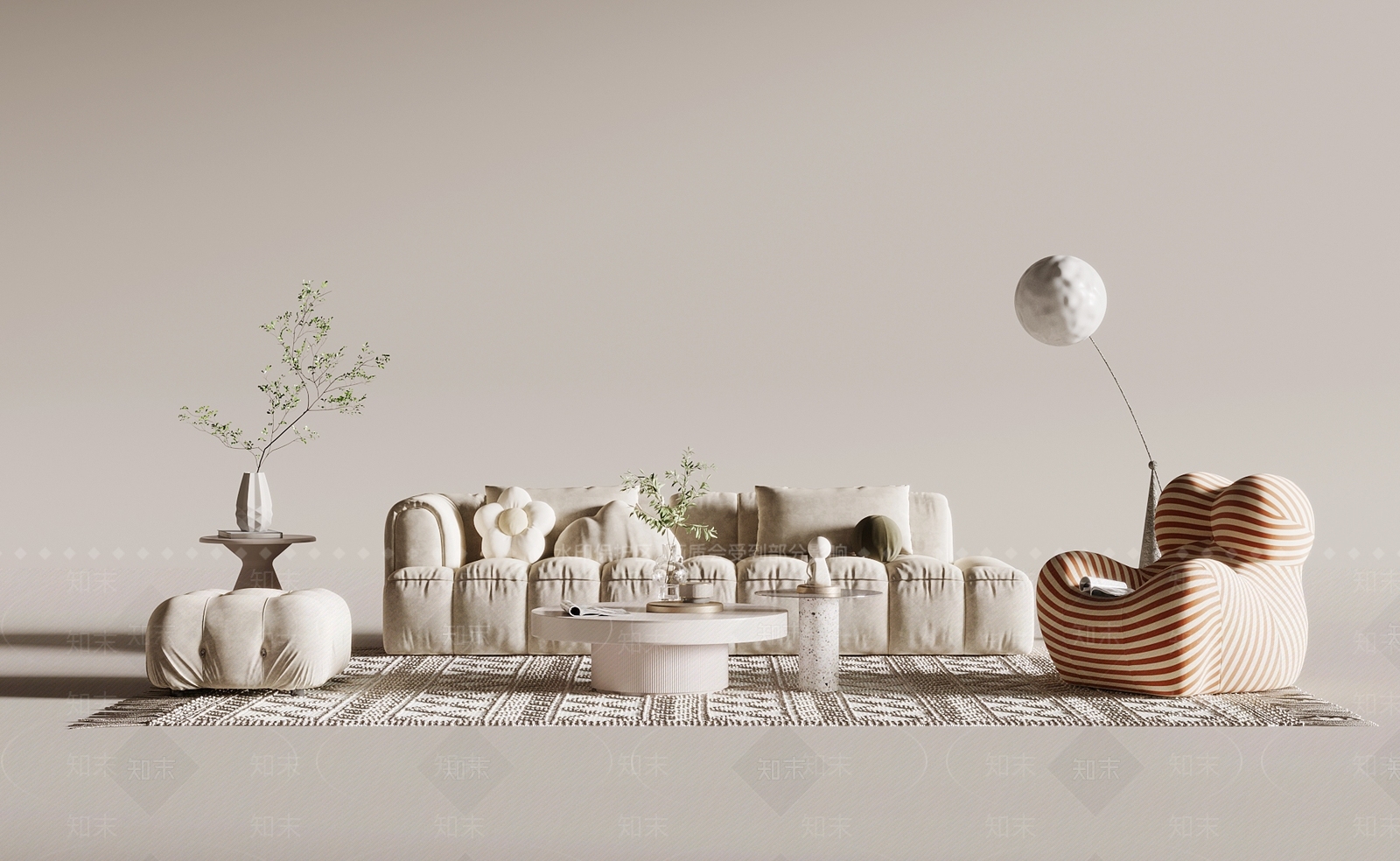 现代奶油风沙发茶几组合3D模型下载【ID:1140008390】_知末3d模型网