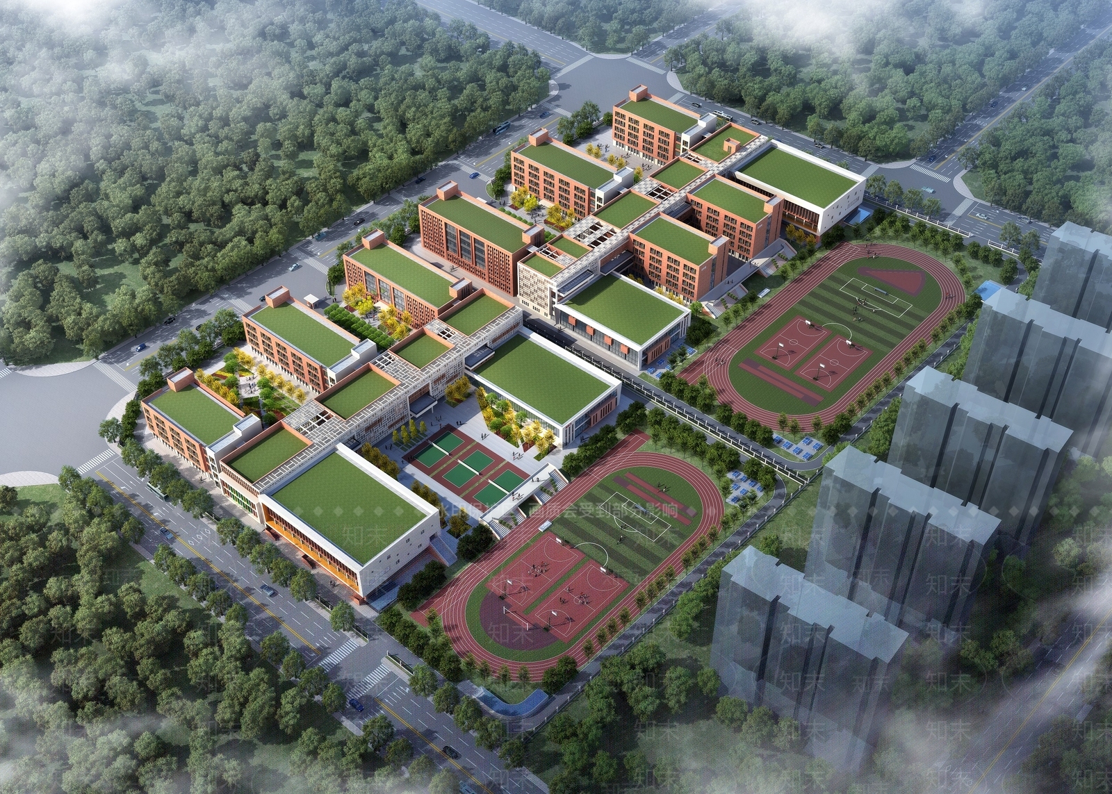 现代学校外观鸟瞰规划3D模型下载【ID:1140014495】