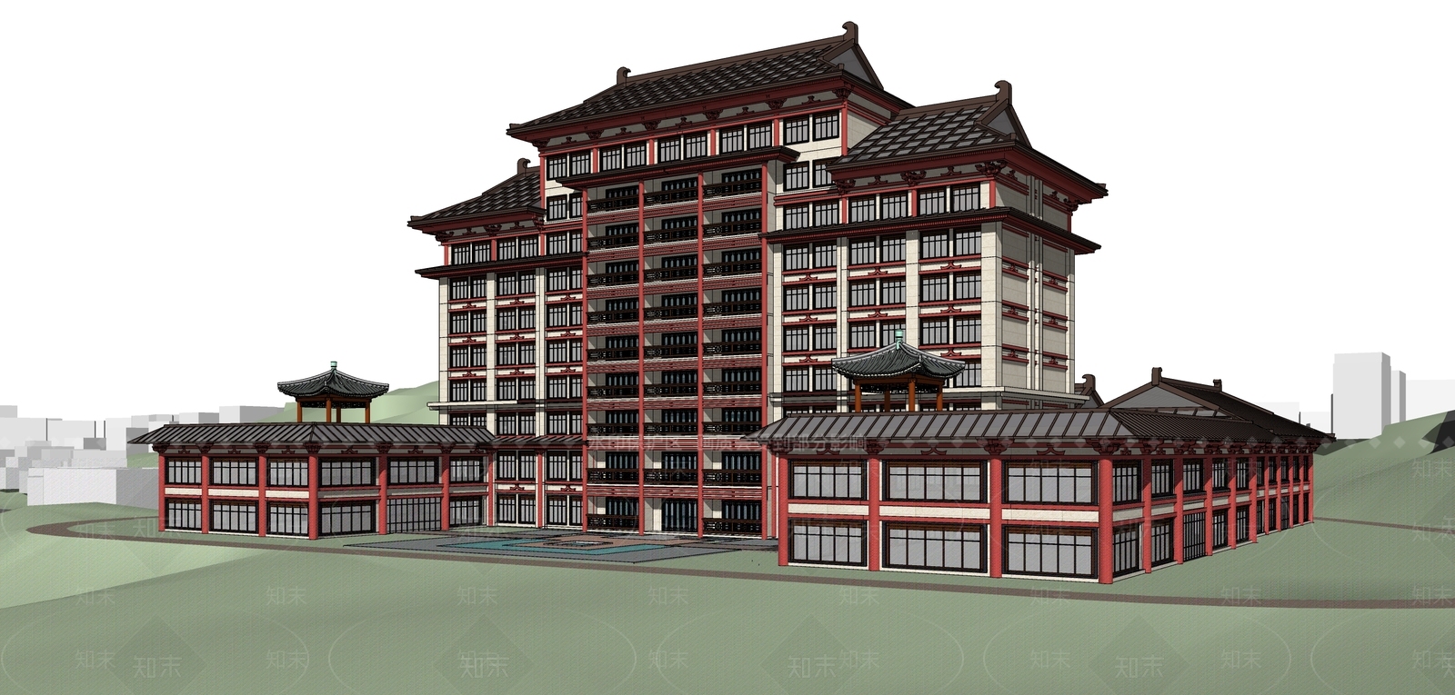 新中式创新盛唐风格酒店建筑SU模型下载【ID:1140022692】
