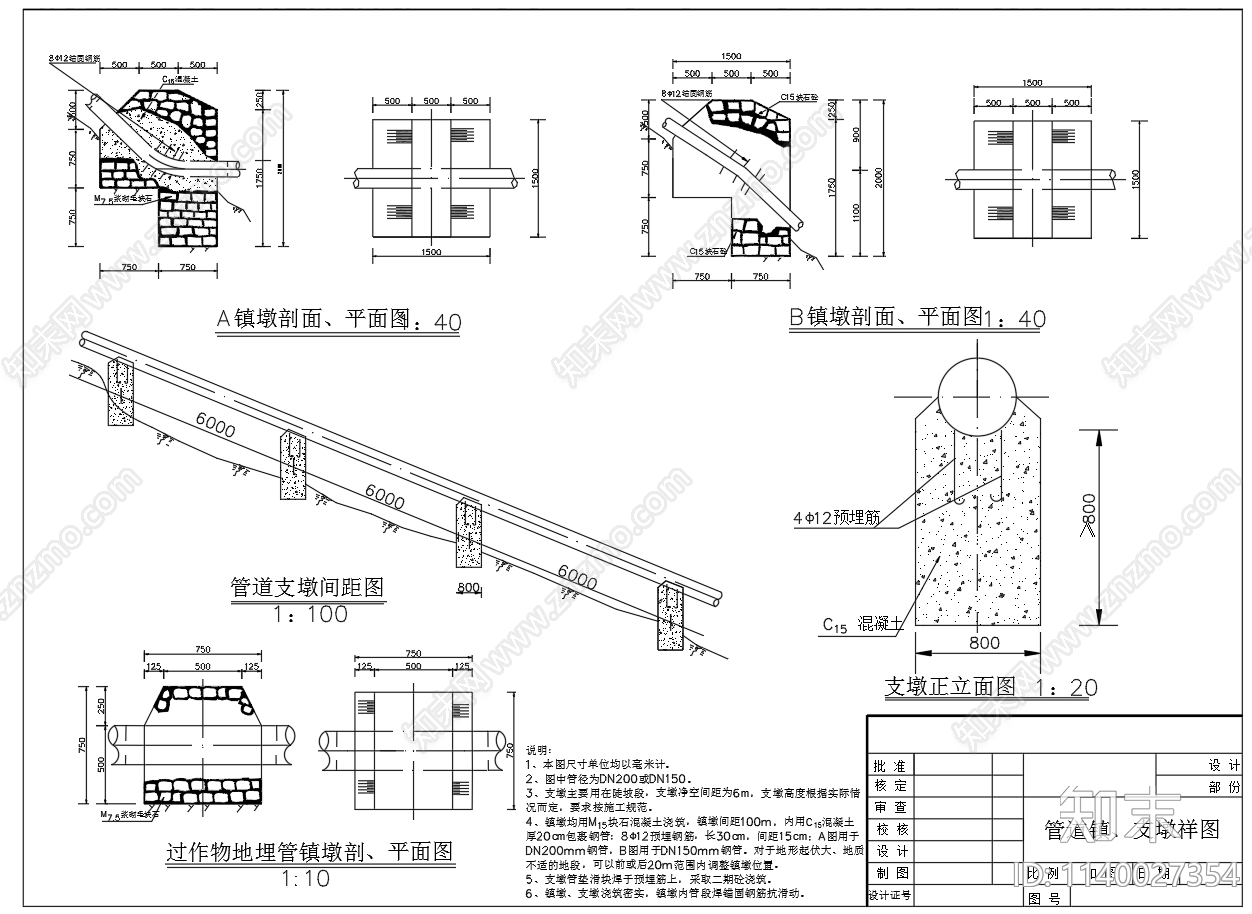 镇墩管道支墩cad施工图下载【ID:1140027354】