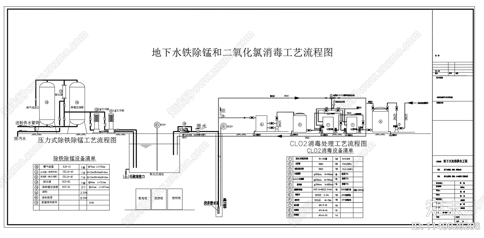 地下水铁除锰和二氧化氯消毒工艺流程cad施工图下载【ID:1140028208】