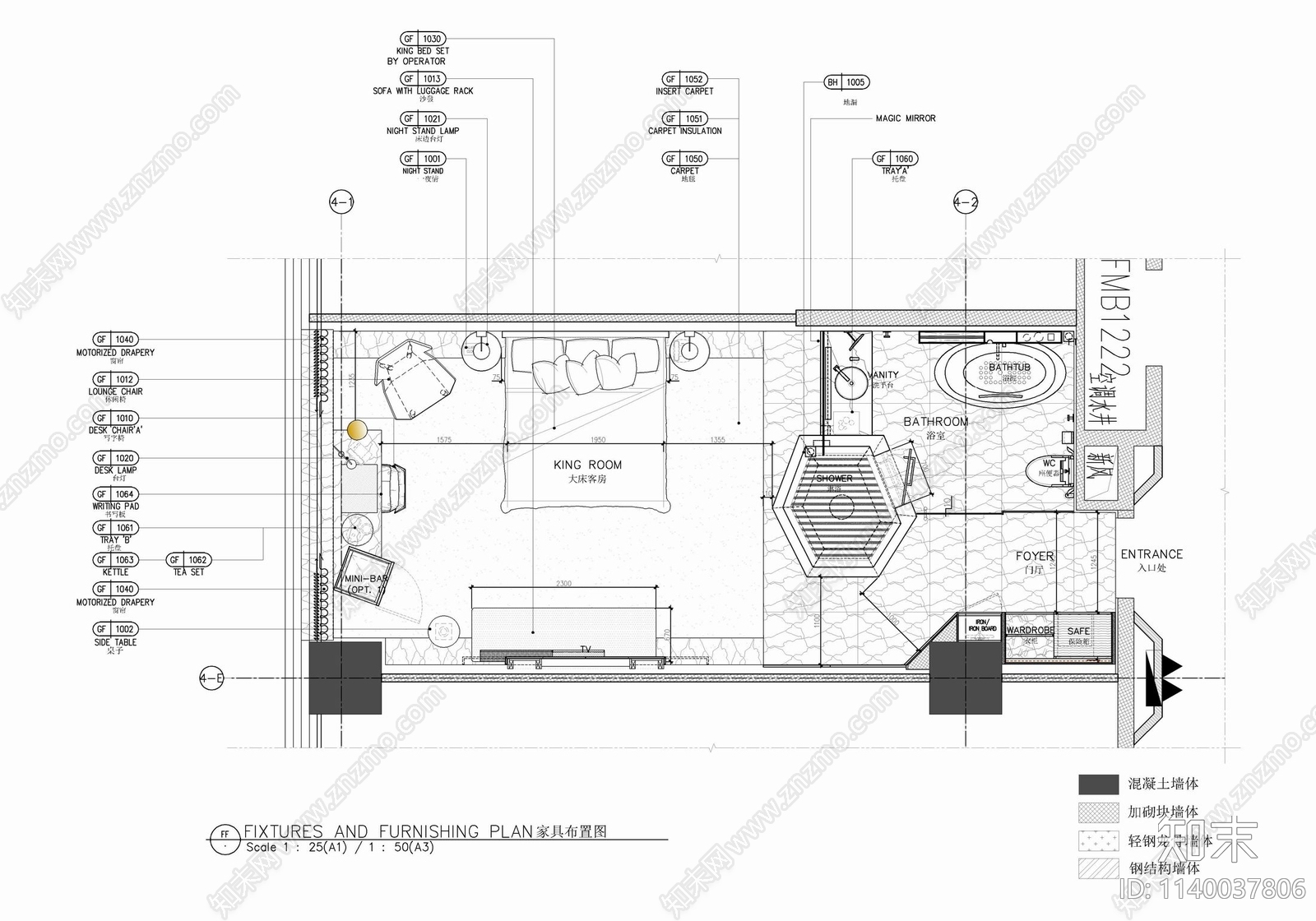 45㎡酒店标准大床房客房cad施工图下载【ID:1140037806】
