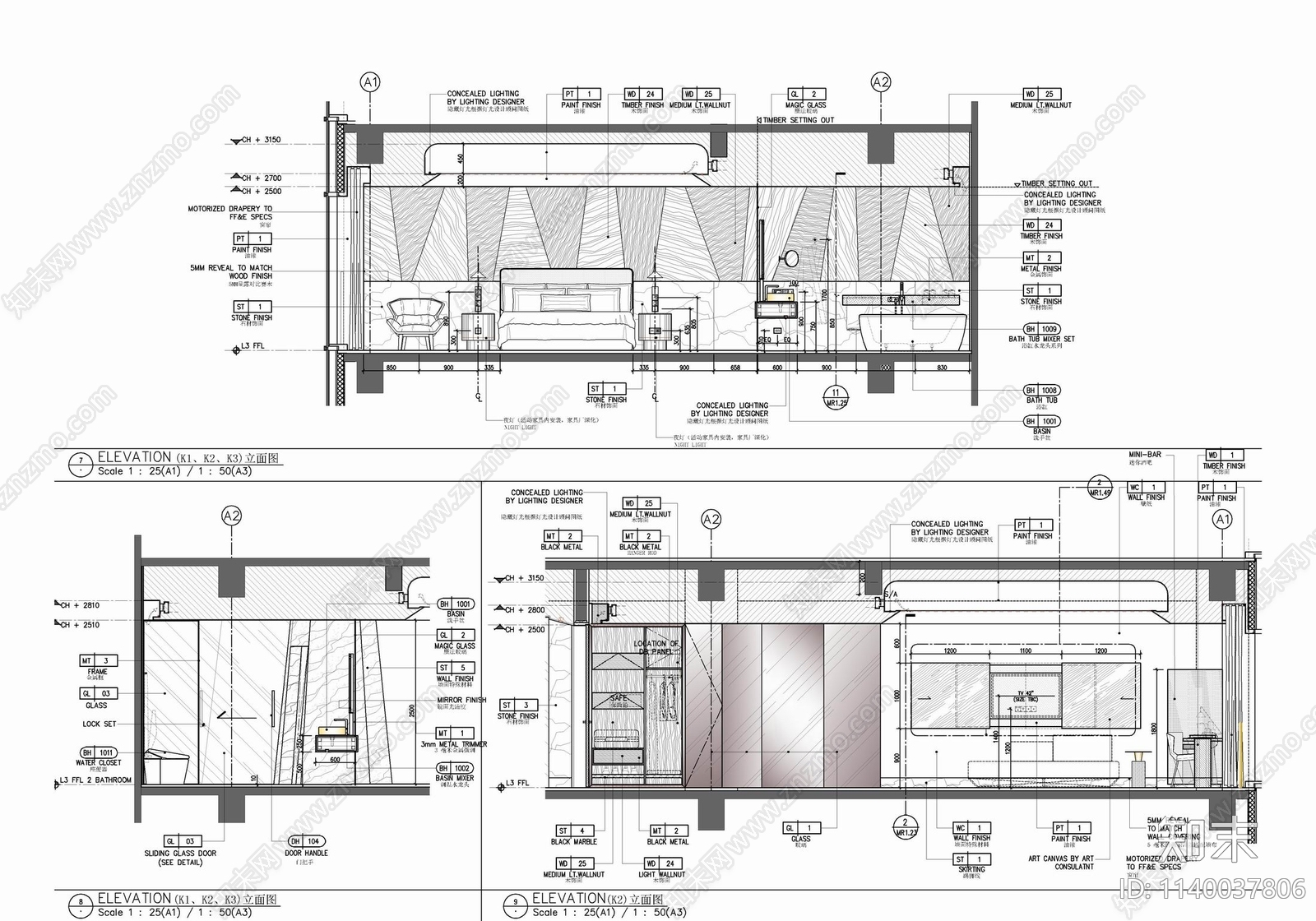 45㎡酒店标准大床房客房cad施工图下载【ID:1140037806】
