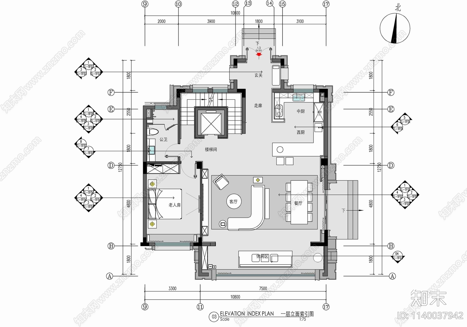 五层小别墅家装平面施工图下载【ID:1140037942】