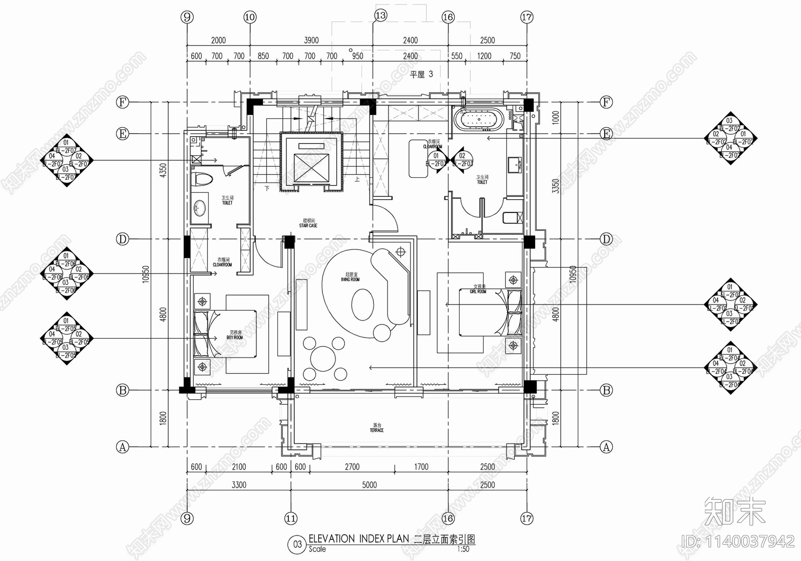 五层小别墅家装平面施工图下载【ID:1140037942】