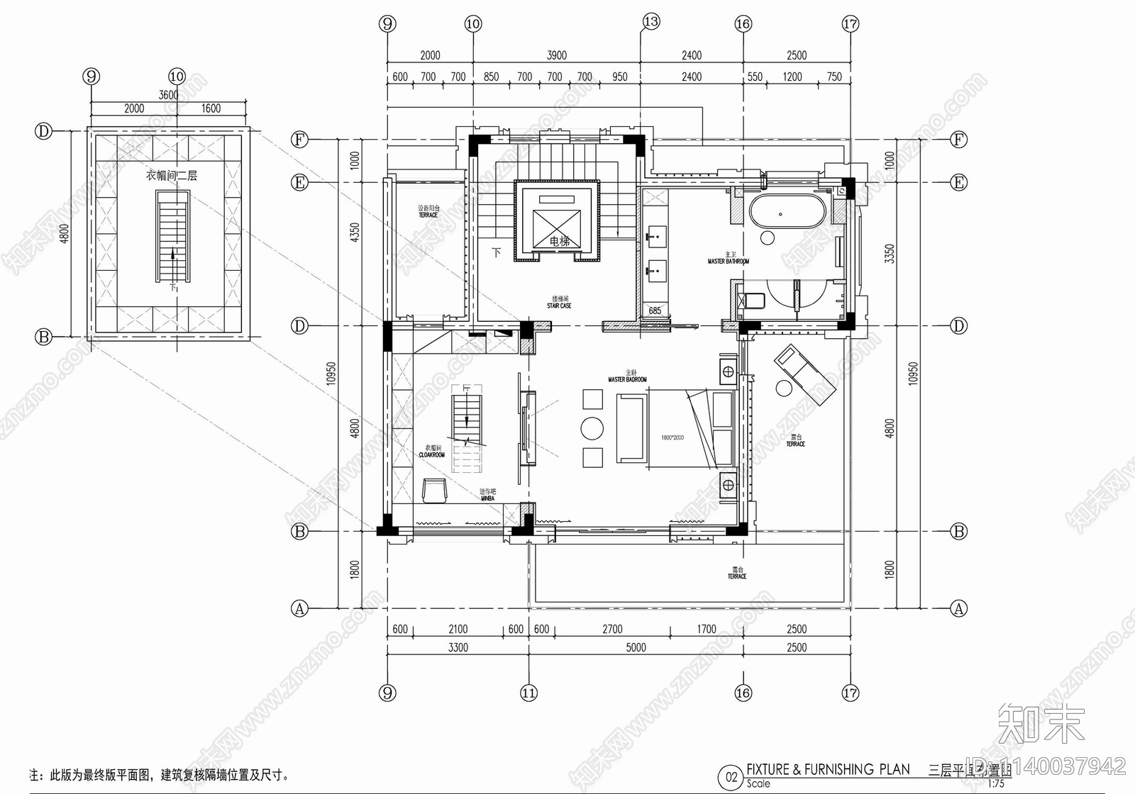 五层小别墅家装平面施工图下载【ID:1140037942】