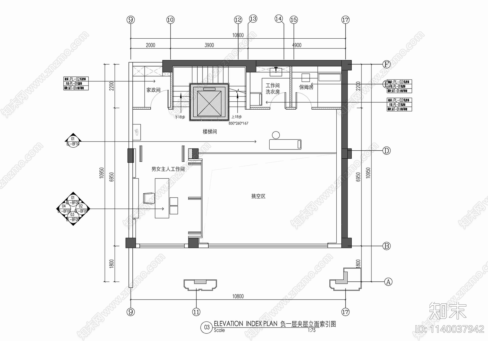 五层小别墅家装平面施工图下载【ID:1140037942】