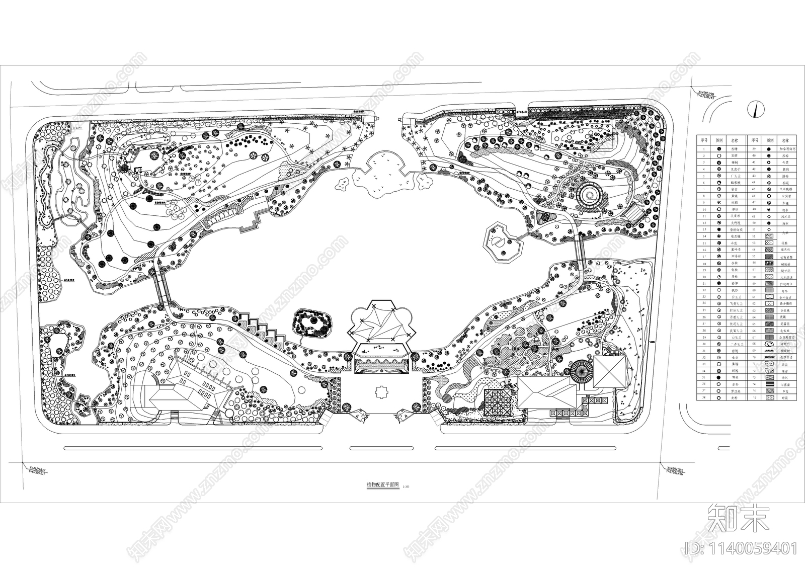 公园景观植物配置平面图施工图下载【ID:1140059401】