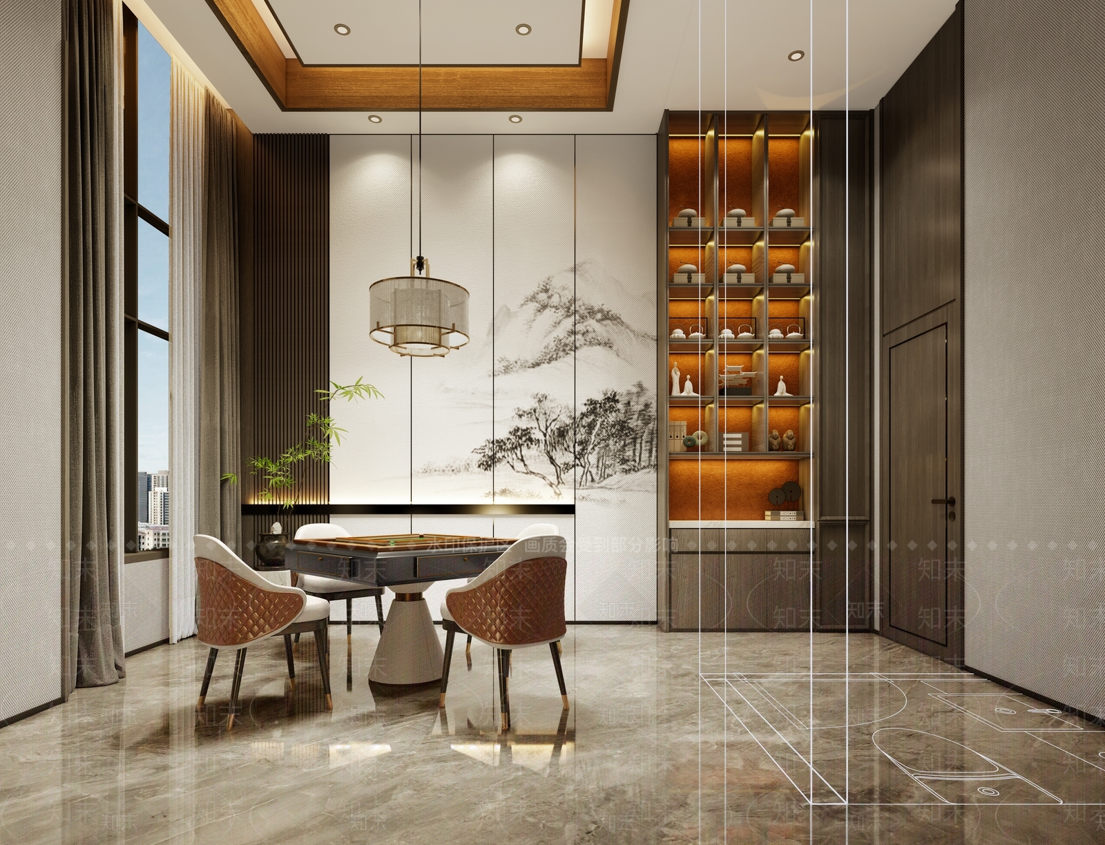新中式麻将室SU模型下载【ID:1140103004】