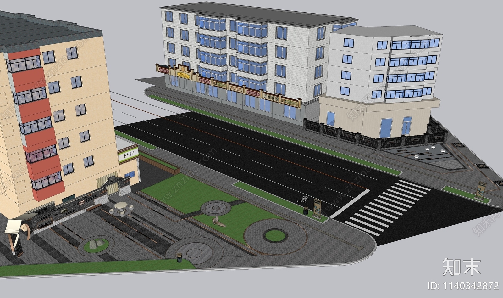 现代民国风街区口袋公园SU模型下载【ID:1140342872】