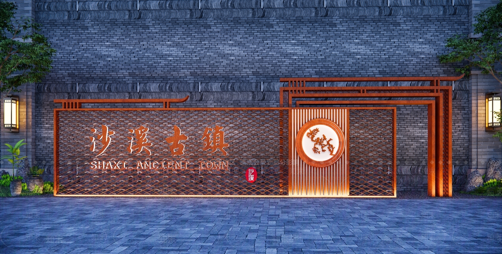 现代古镇商业街入口景墙围墙SU模型下载【ID:1140174618】