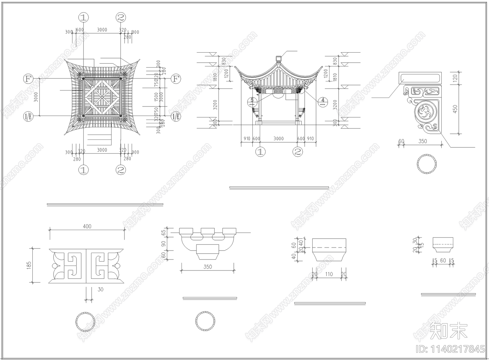 古建筑亭子cad施工图下载【ID:1140217845】