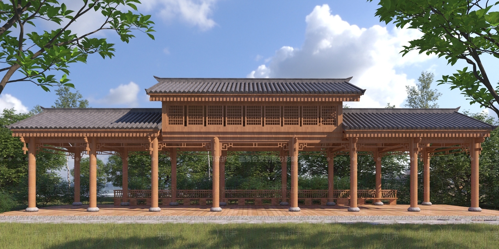 中式景观廊架3D模型下载【ID:1140248272】