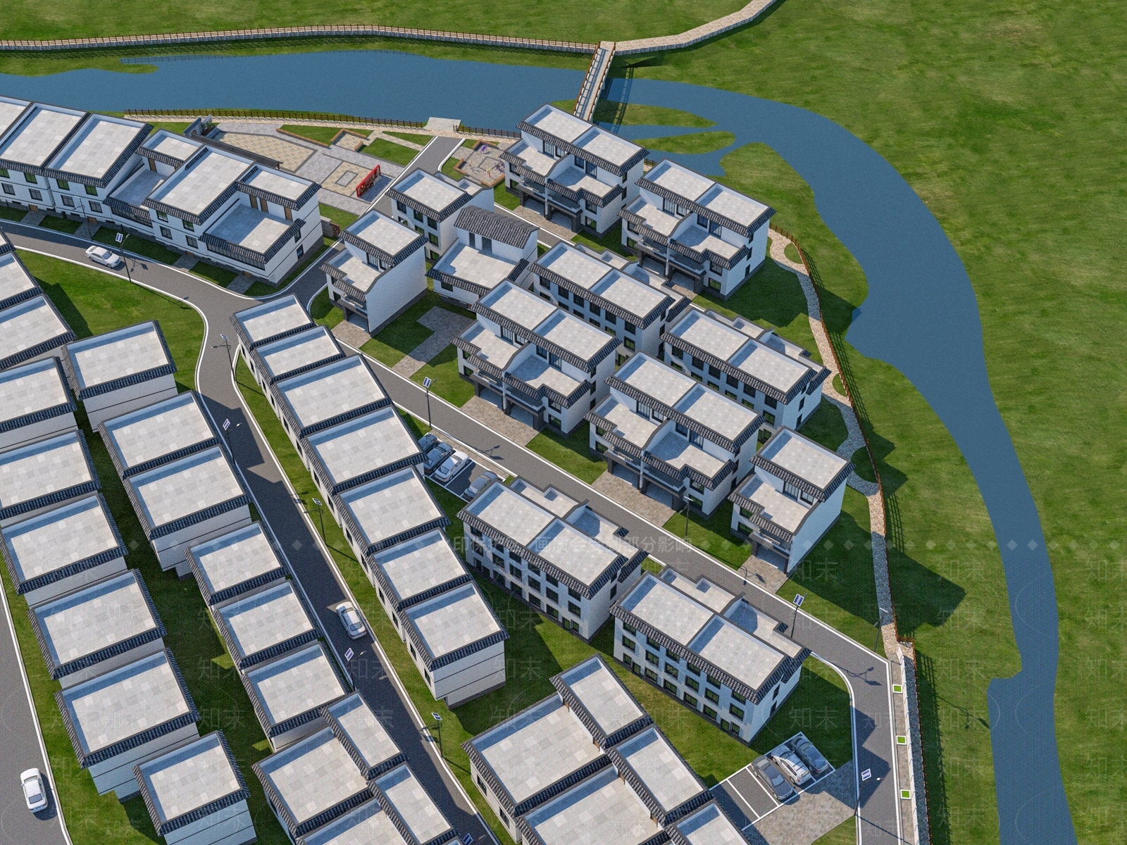 新中式住宅鸟瞰规划3D模型下载【ID:1140255111】