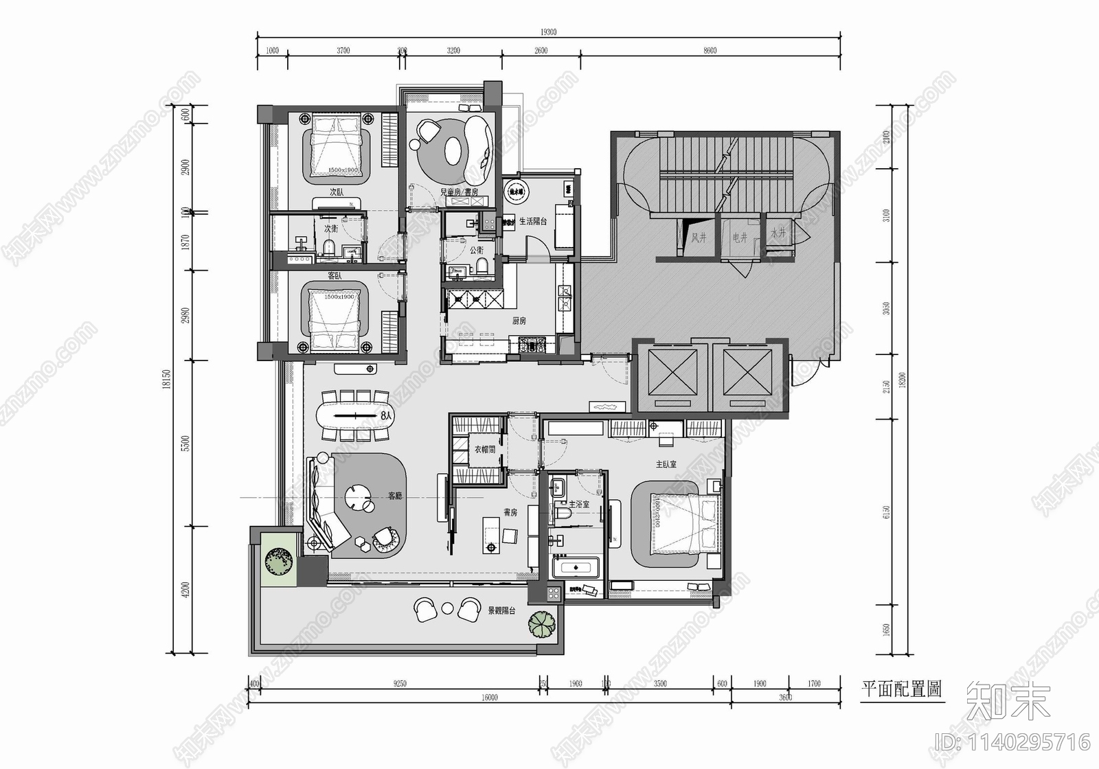 160㎡四居室家装大平层室内装修cad施工图下载【ID:1140295716】