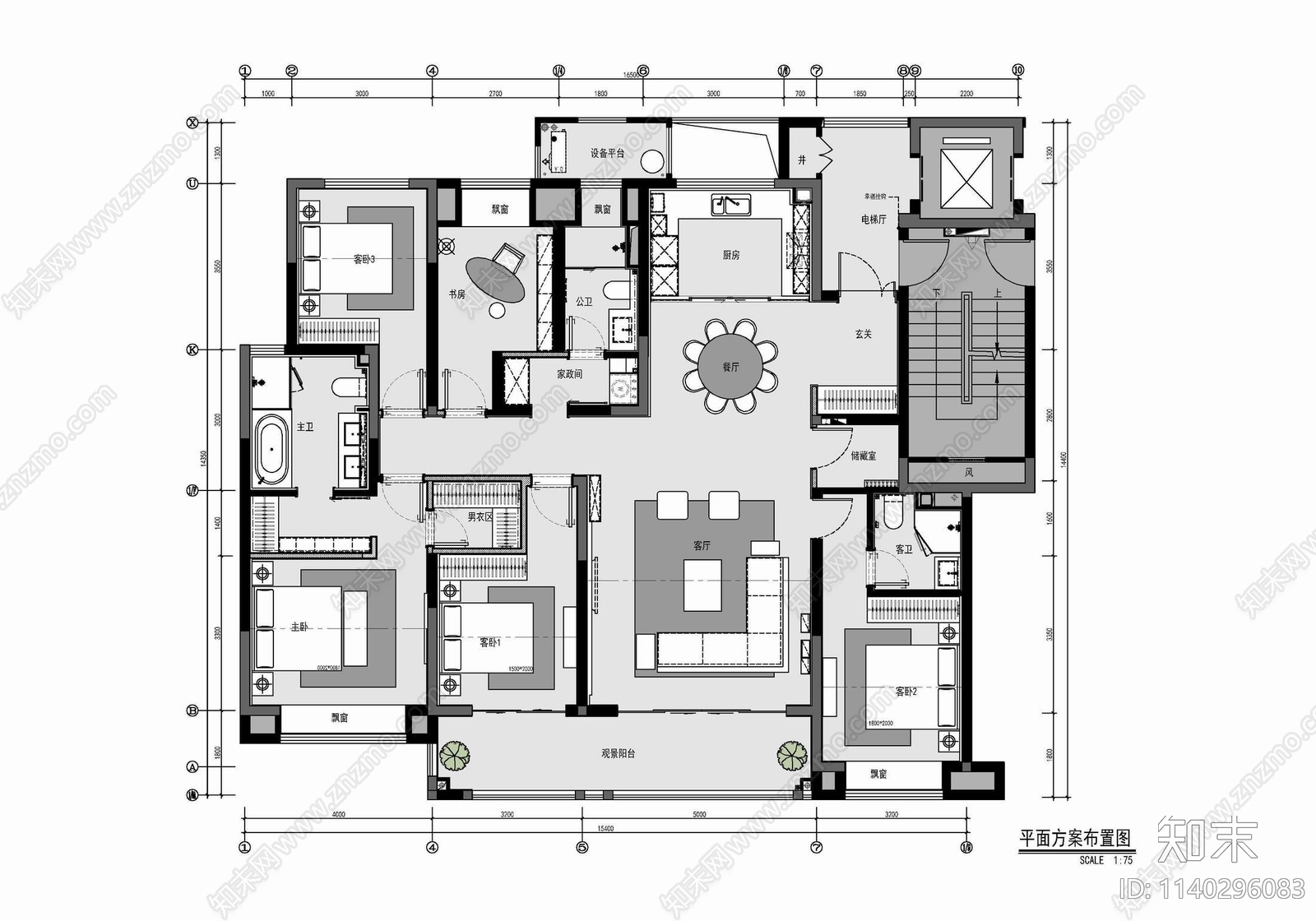 200㎡五居室家装大平层cad施工图下载【ID:1140296083】