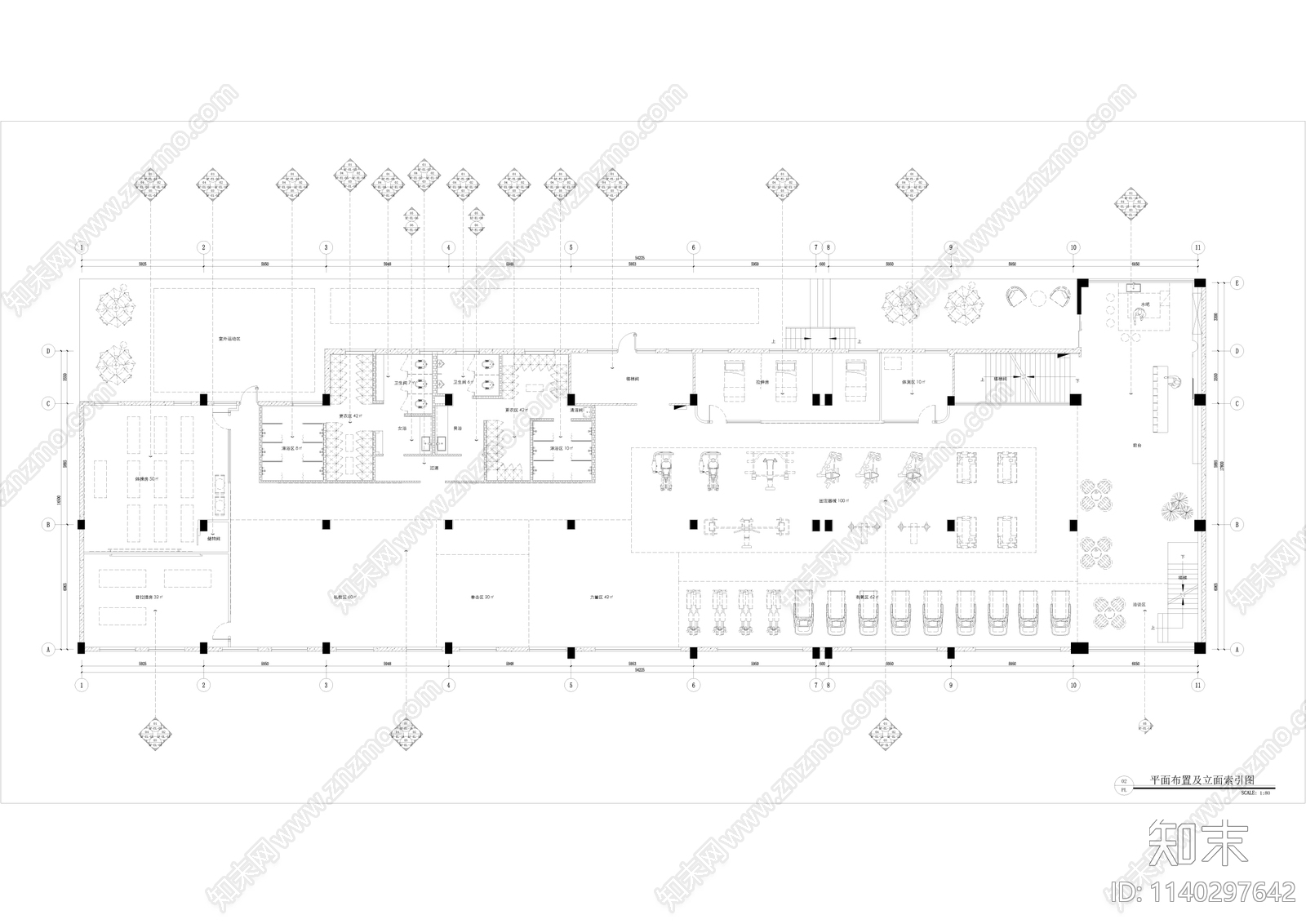 900㎡健身房cad施工图下载【ID:1140297642】