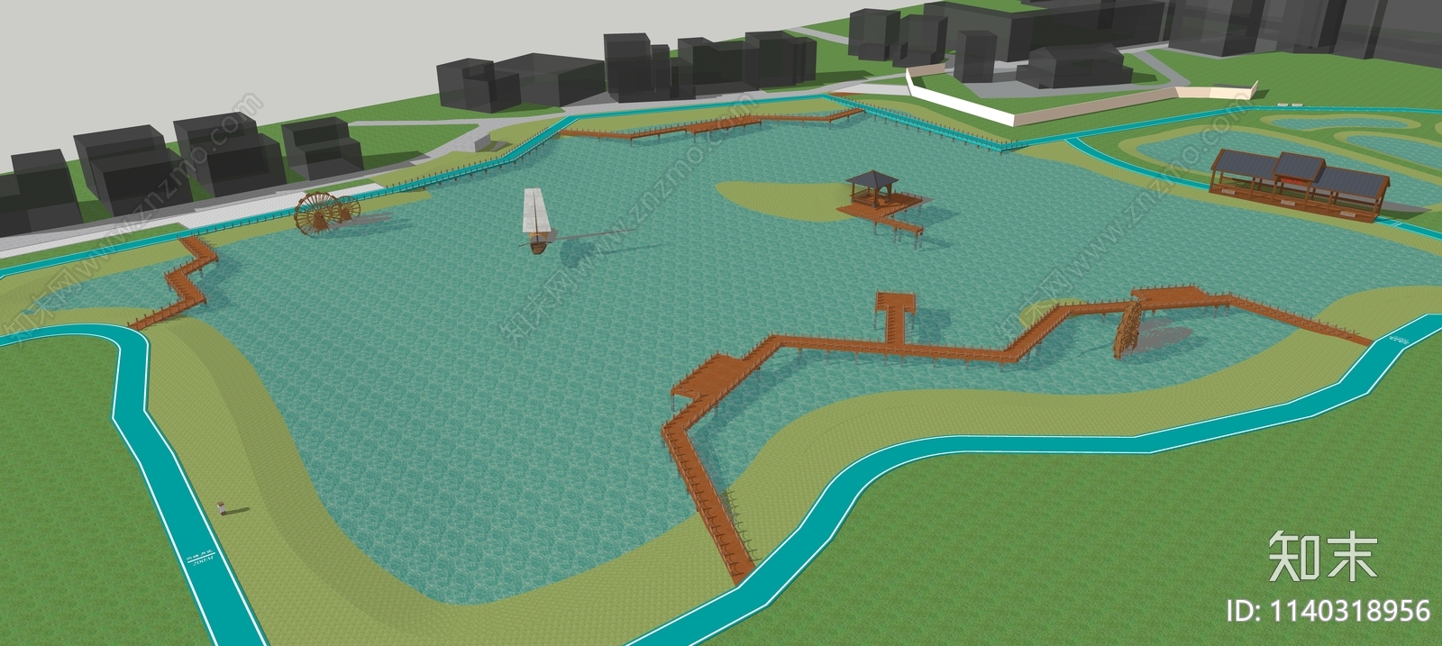 中式荷塘月色滨水景观SU模型下载【ID:1140318956】