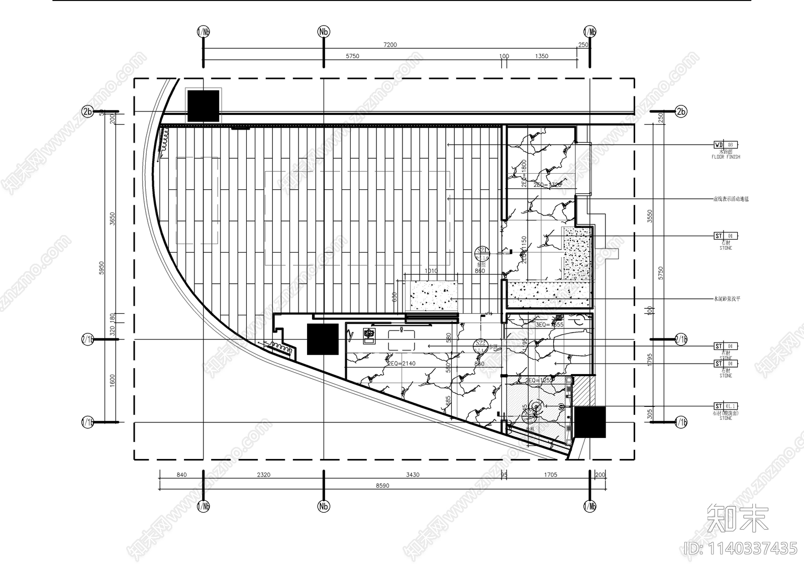 弧形大床房cad施工图下载【ID:1140337435】
