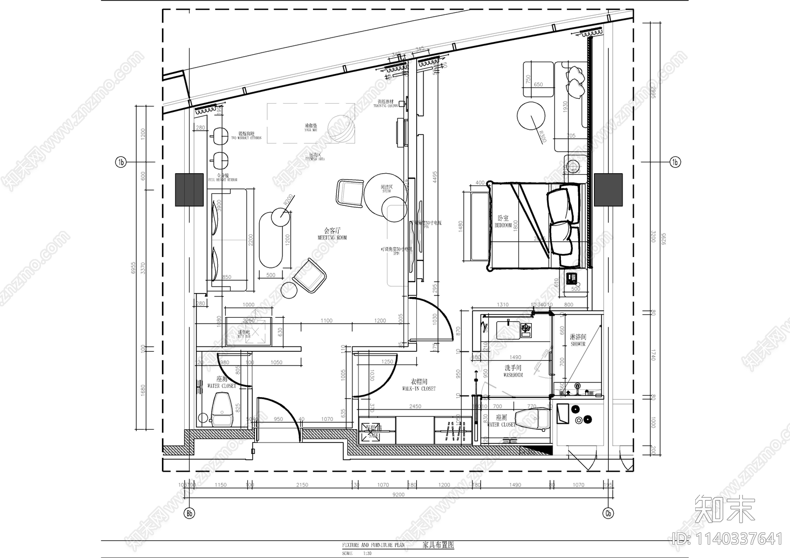 套房大床房客房cad施工图下载【ID:1140337641】
