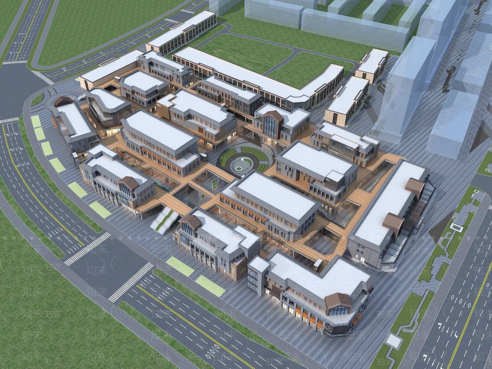 现代商业广场鸟瞰规划3D模型下载【ID:1140344106】