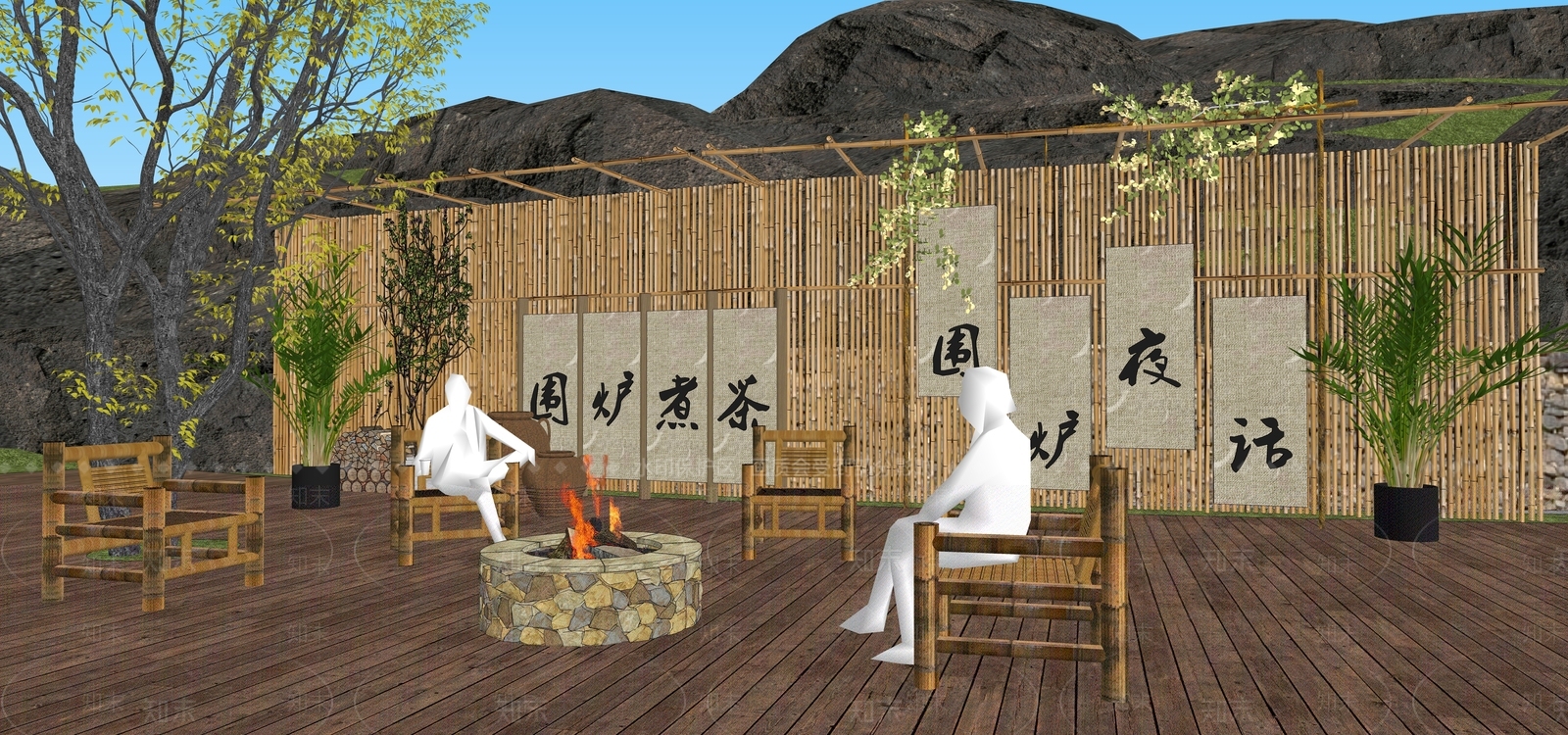 现代乡村民宿围炉煮茶外摆SU模型下载【ID:1140351217】