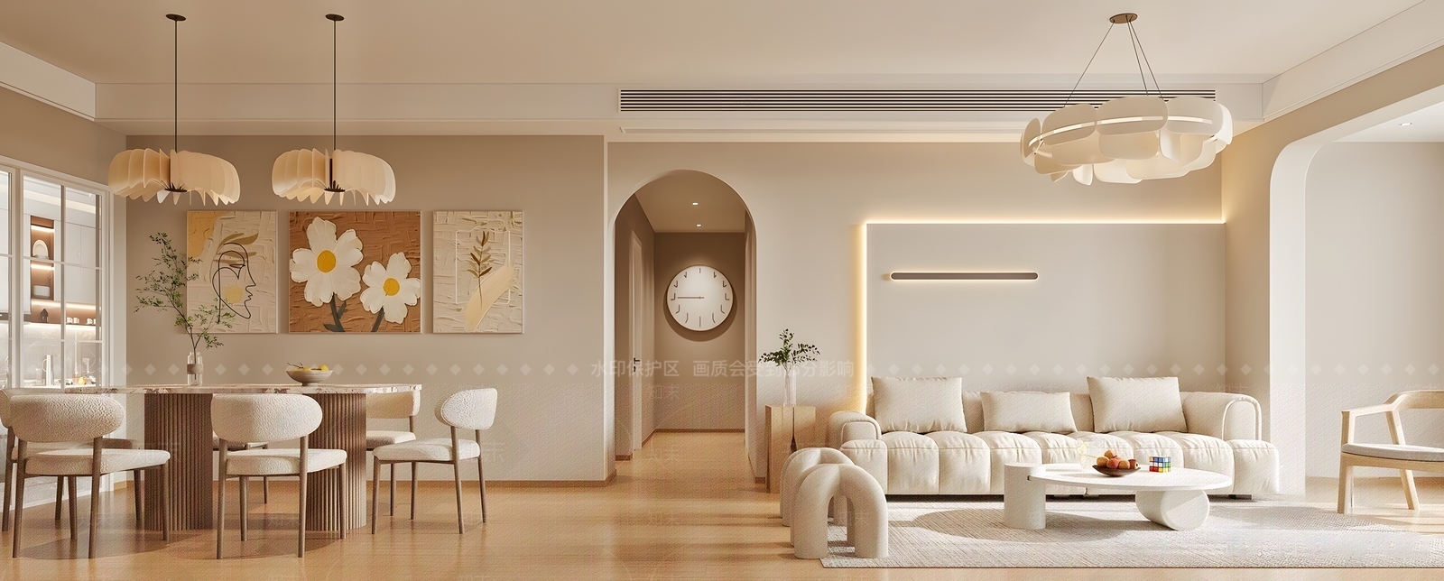 现代奶油原木风客餐厅SU模型下载【ID:1140367985】