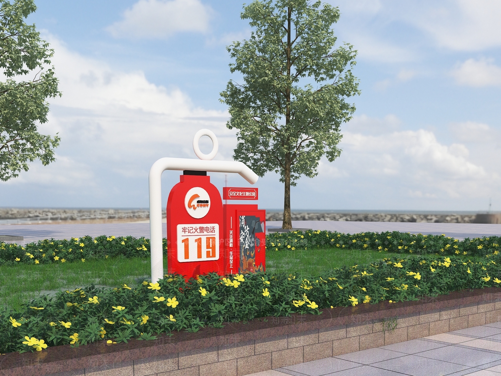 现代户外安全宣传雕塑小品3D模型下载【ID:1140387233】