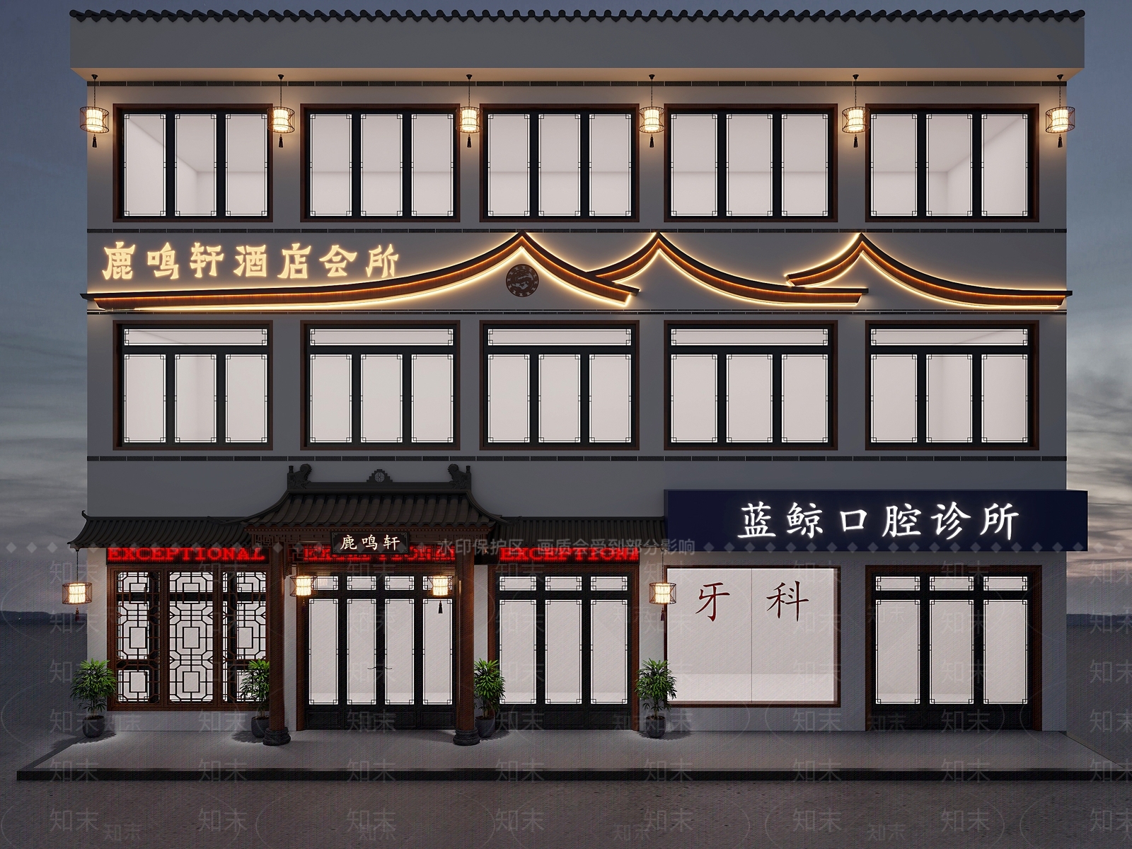 新中式酒店会所门头门面3D模型下载【ID:1140392588】