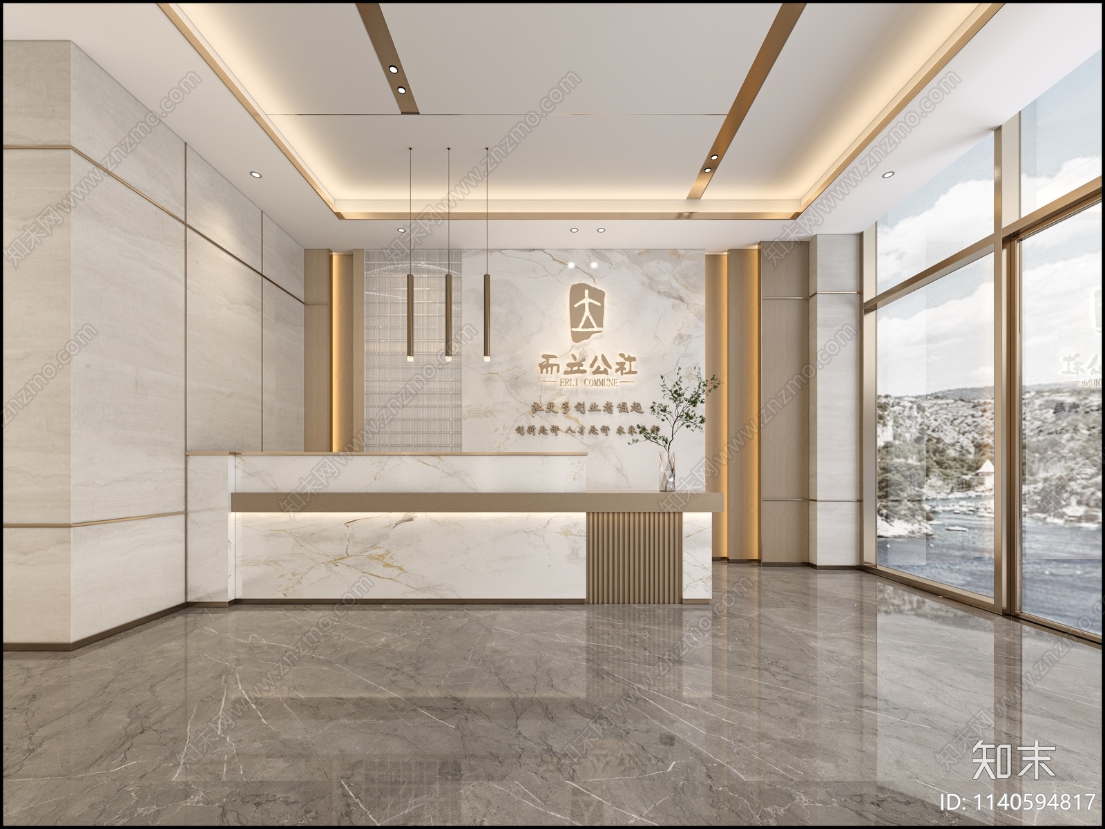 60㎡写字楼大堂效果图cad施工图下载【ID:1140594817】