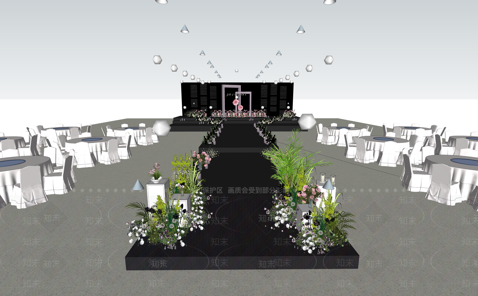 现代韩系水晶浪漫婚礼酒店宴会厅SU模型下载【ID:1140420411】