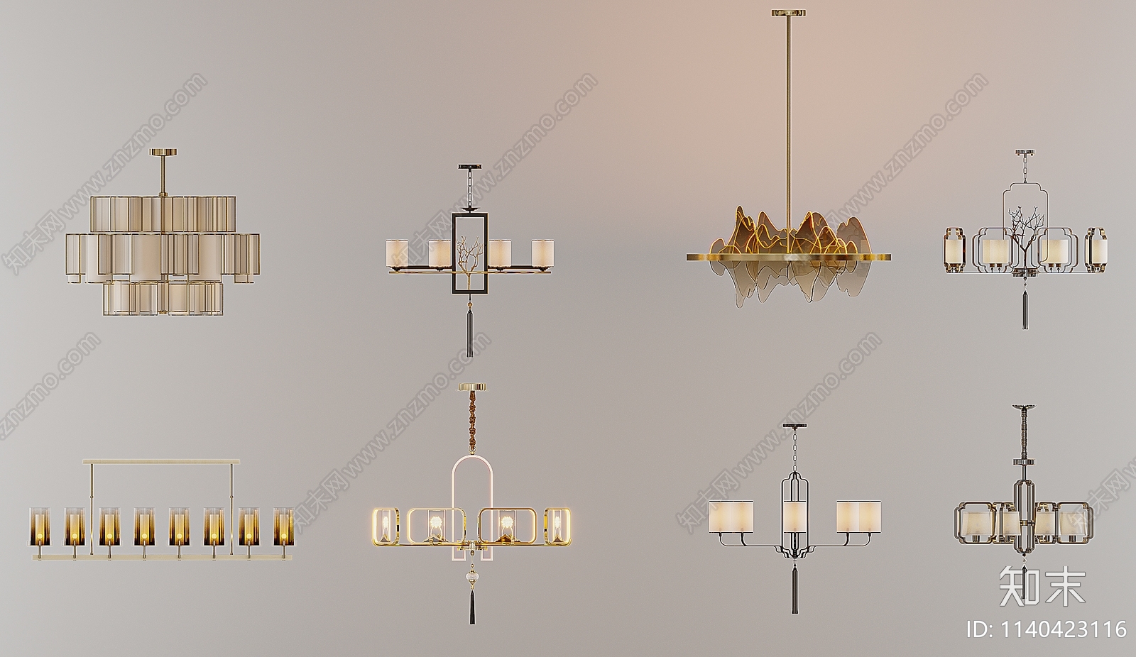 新中式吊灯组合3D模型下载【ID:1140423116】