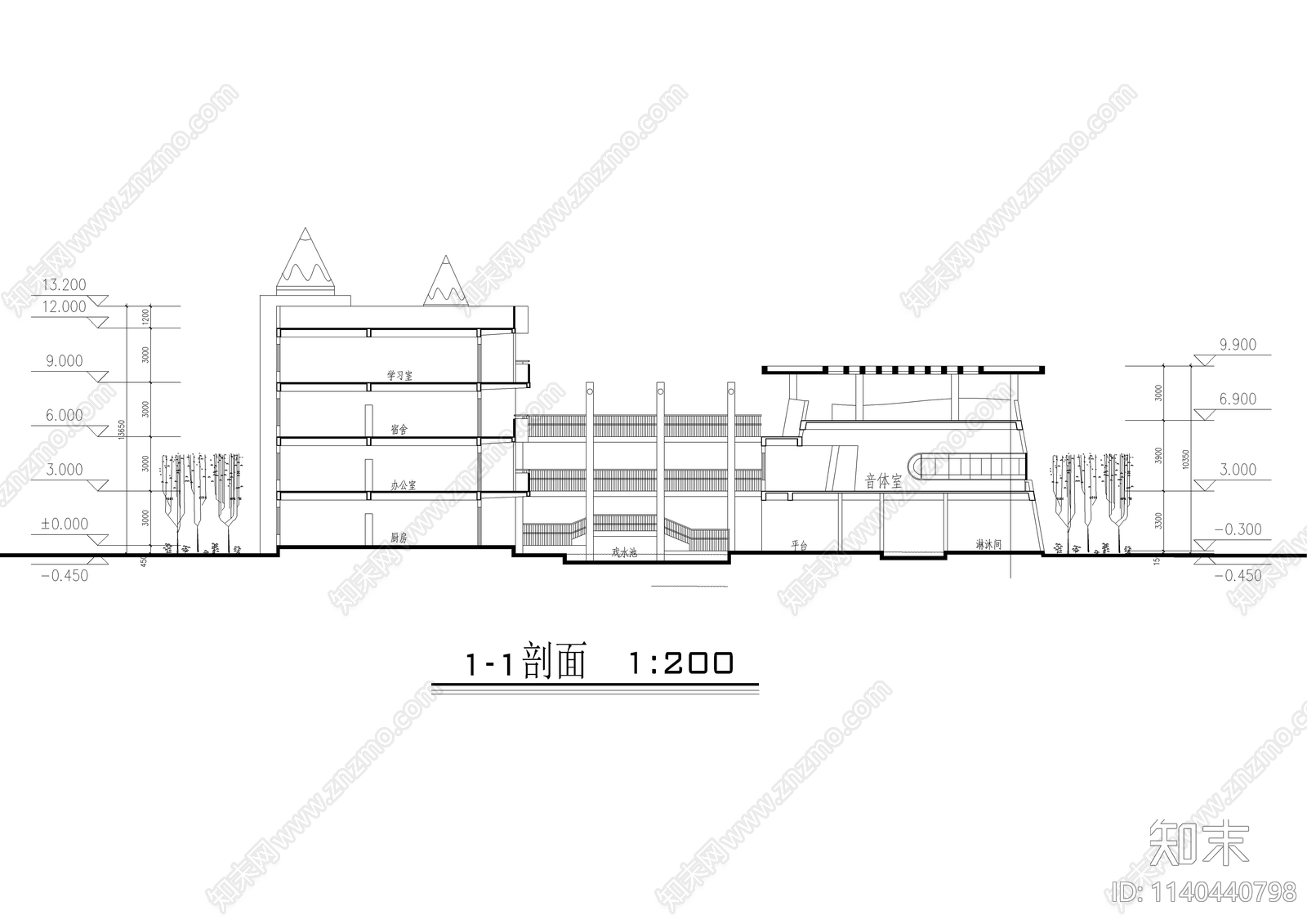 童话风四层合院幼儿园建筑cad施工图下载【ID:1140440798】