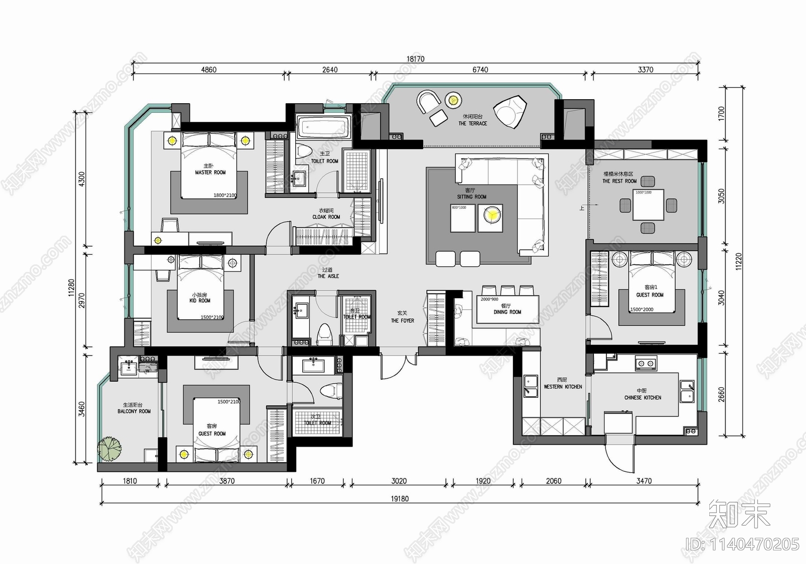 180㎡四居室家装大平层cad施工图下载【ID:1140470205】