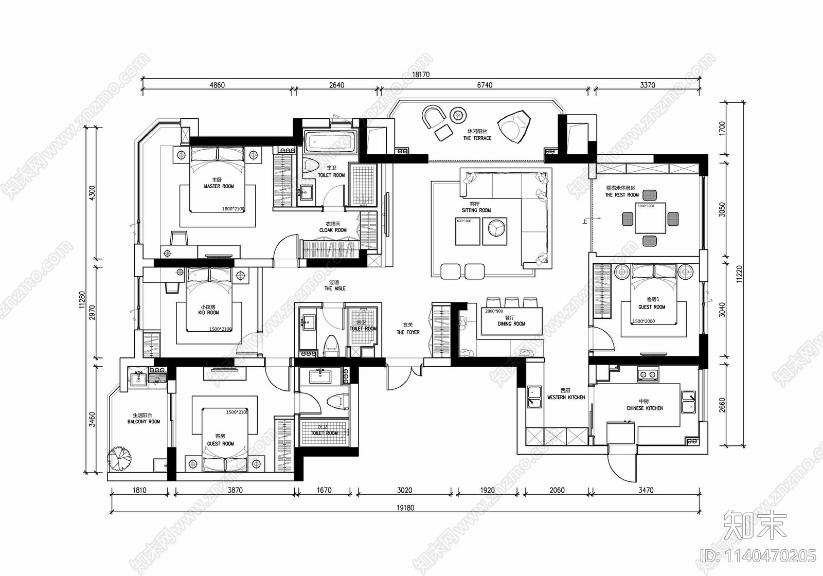 180㎡四居室家装大平层cad施工图下载【ID:1140470205】