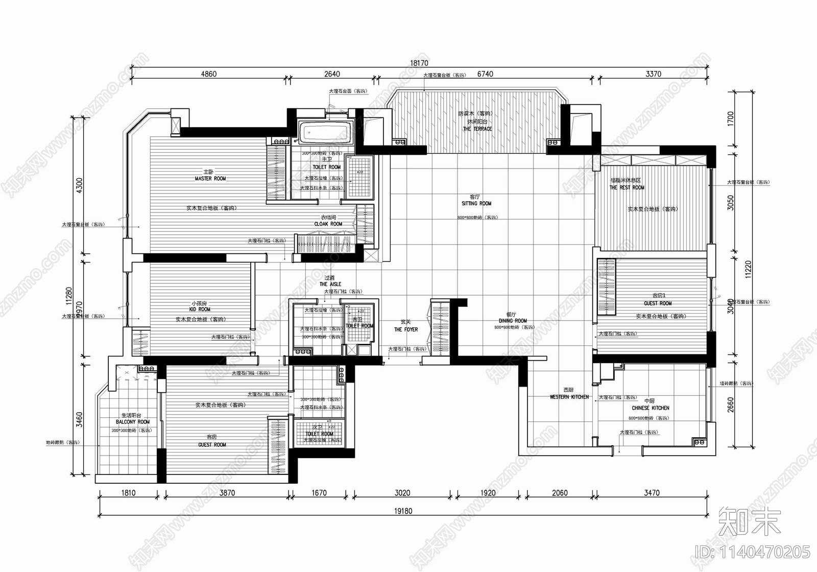 180㎡四居室家装大平层cad施工图下载【ID:1140470205】