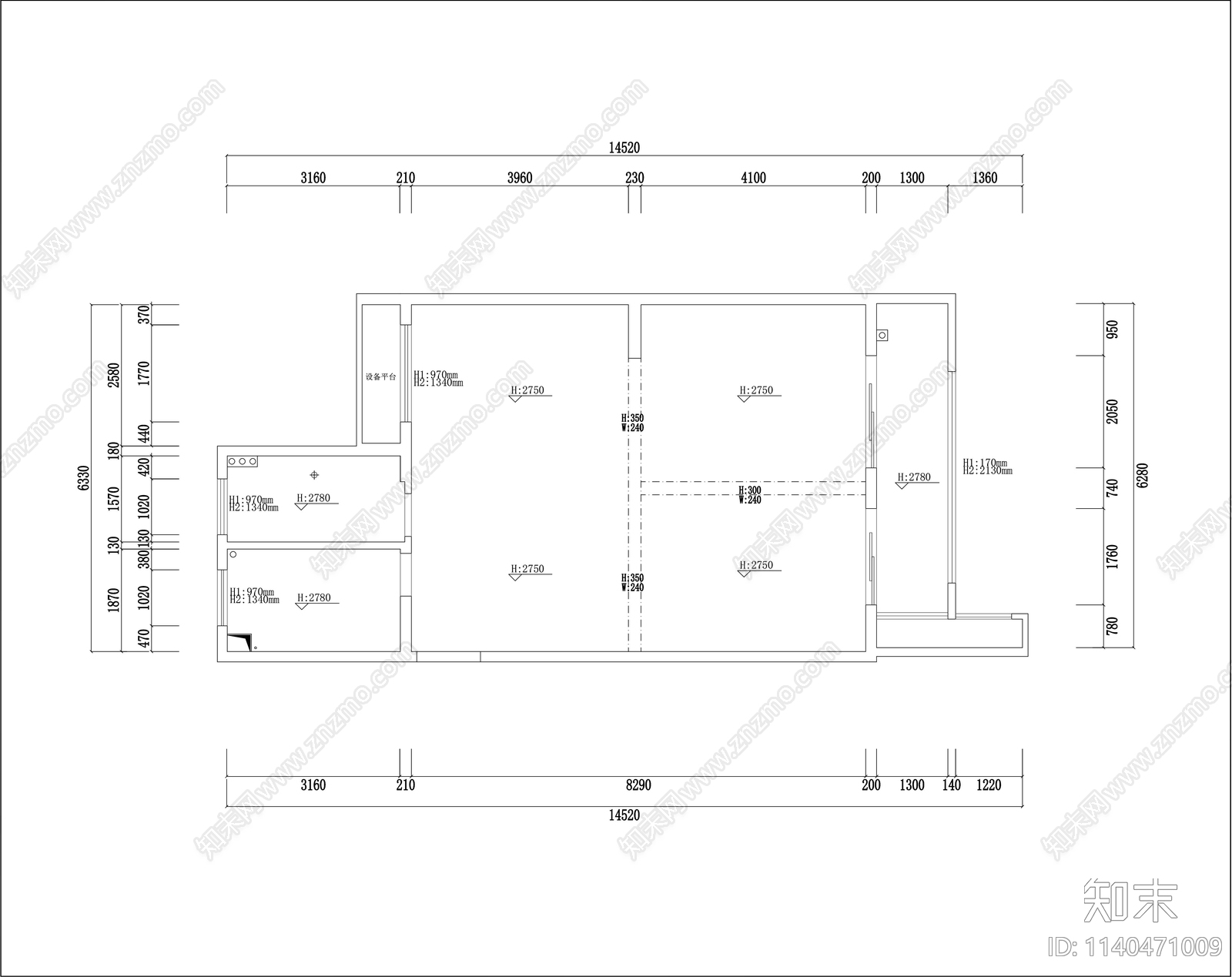 现代风格平层家装cad施工图下载【ID:1140471009】