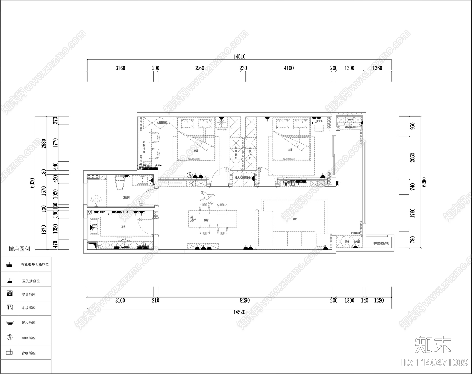 现代风格平层家装cad施工图下载【ID:1140471009】