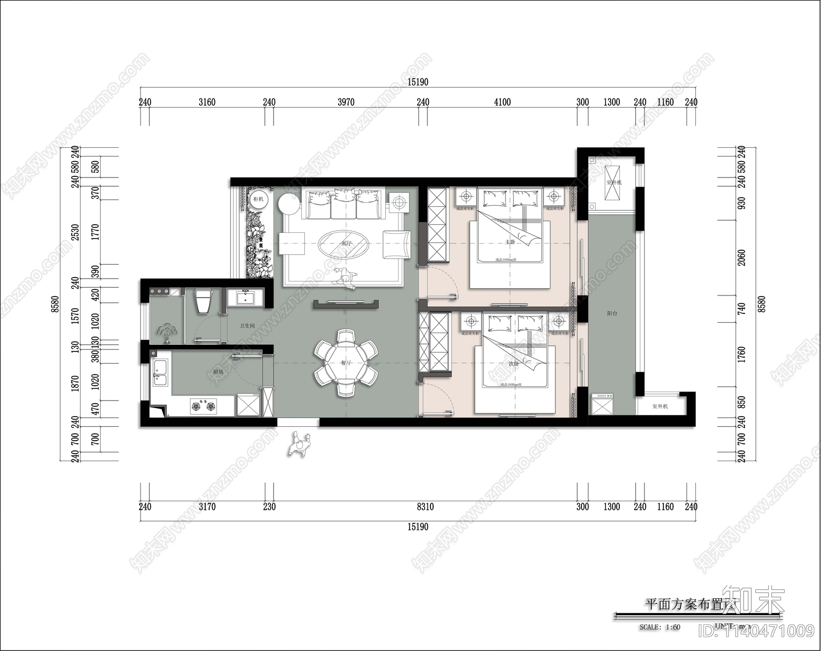 现代风格平层家装cad施工图下载【ID:1140471009】