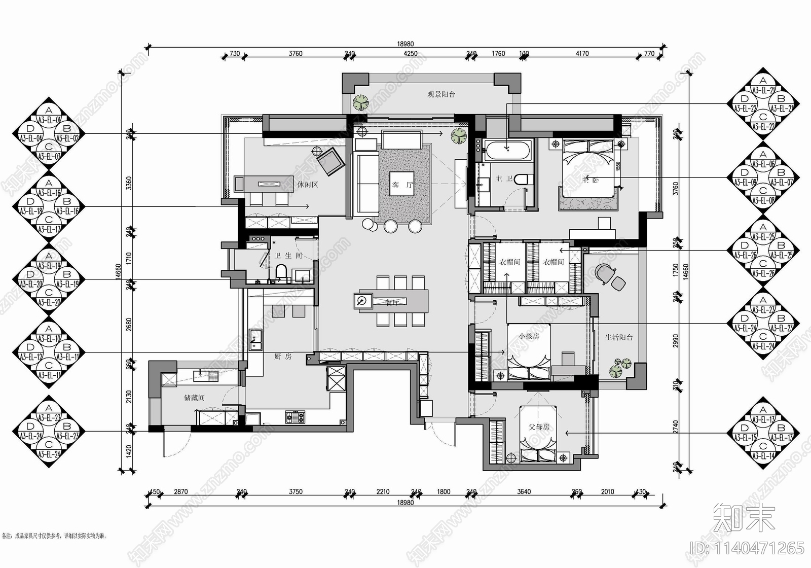 200㎡四居室家装大平层cad施工图下载【ID:1140471265】